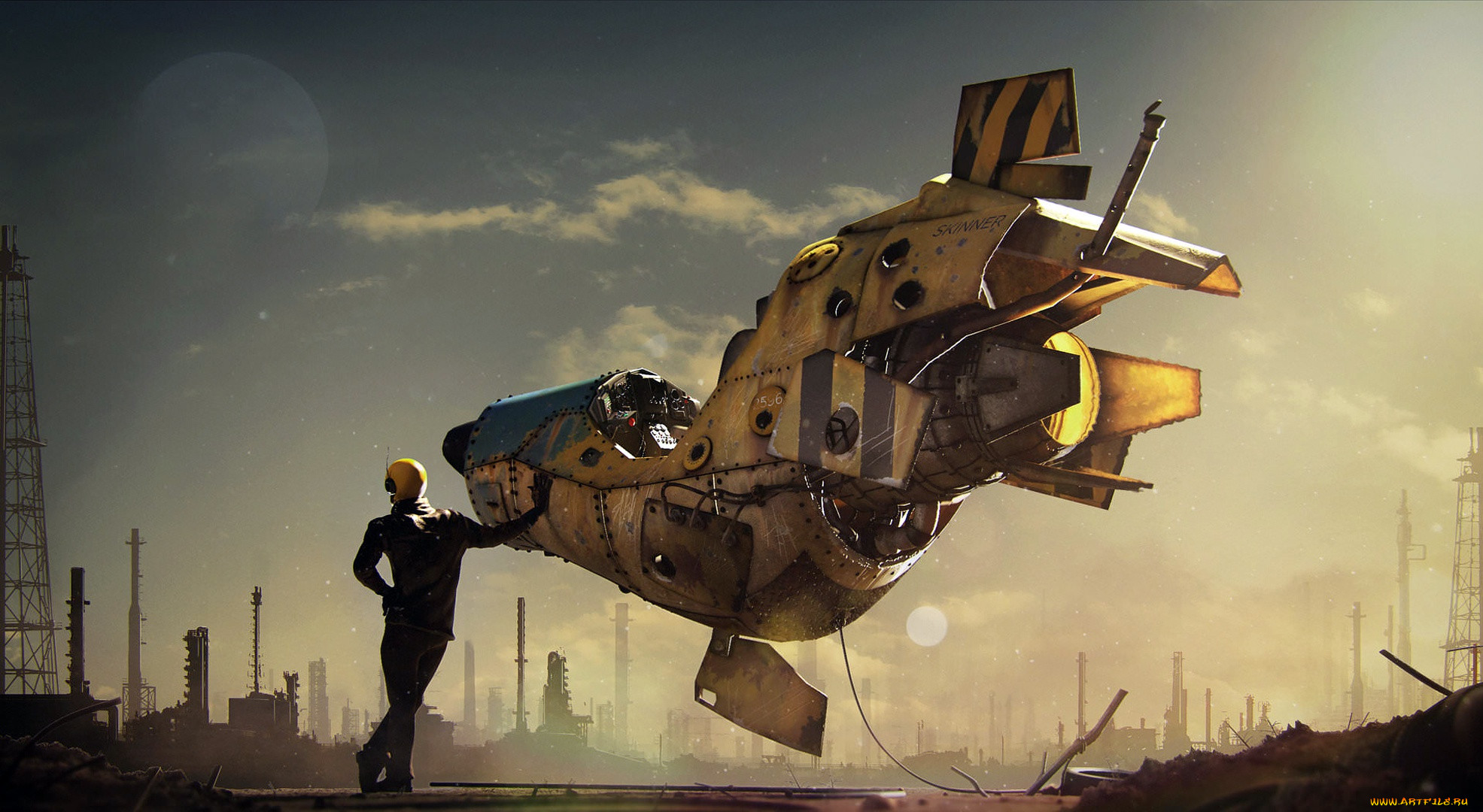 ,  , helmet, sky, oil, well, moon, pilot, drill, fantasy, art, spaceship, digital, astronaut, science, fiction, suit, artwork, man, stars, sci-fi